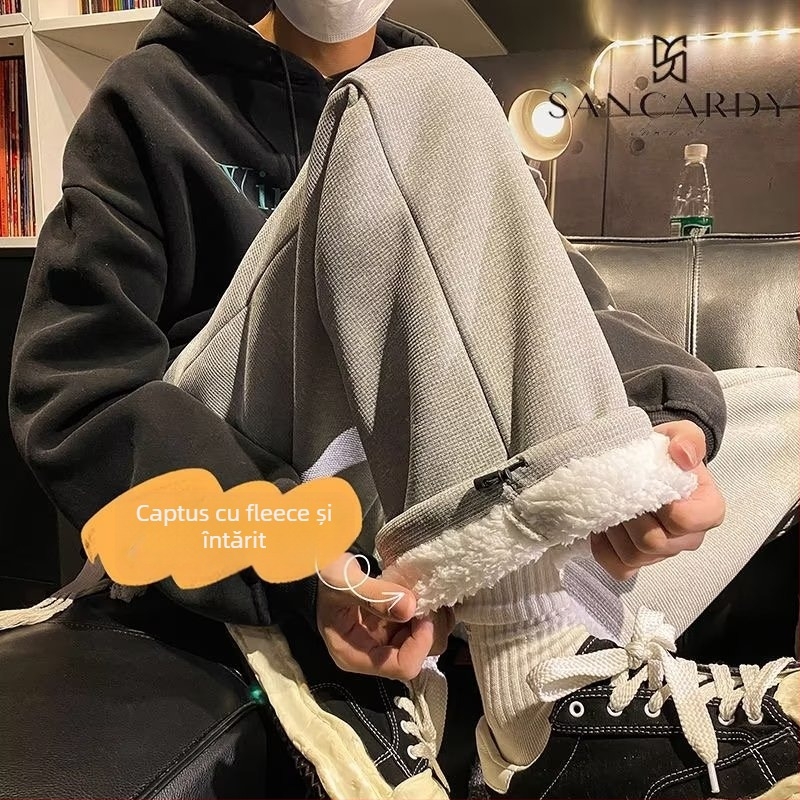 Pantaloni sport de iarnă pentru bărbați, model unicolor cu textură waffle și căptușeală Sherpa, croială lejeră, talie înaltă