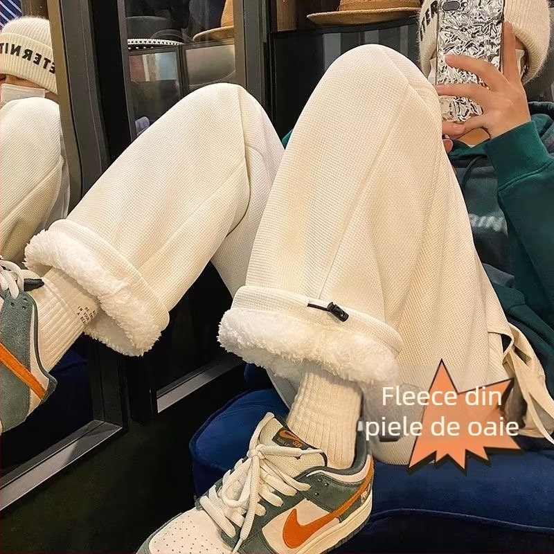 Pantaloni sport de iarnă pentru bărbați, model unicolor cu textură waffle și căptușeală Sherpa, croială lejeră, talie înaltă