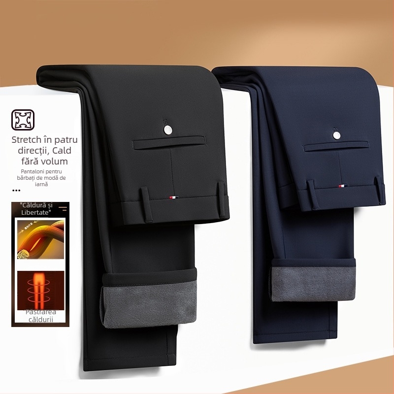 Pantaloni bărbătești cu fleece pentru iarnă, croială dreptă, material elastic, talie medie
