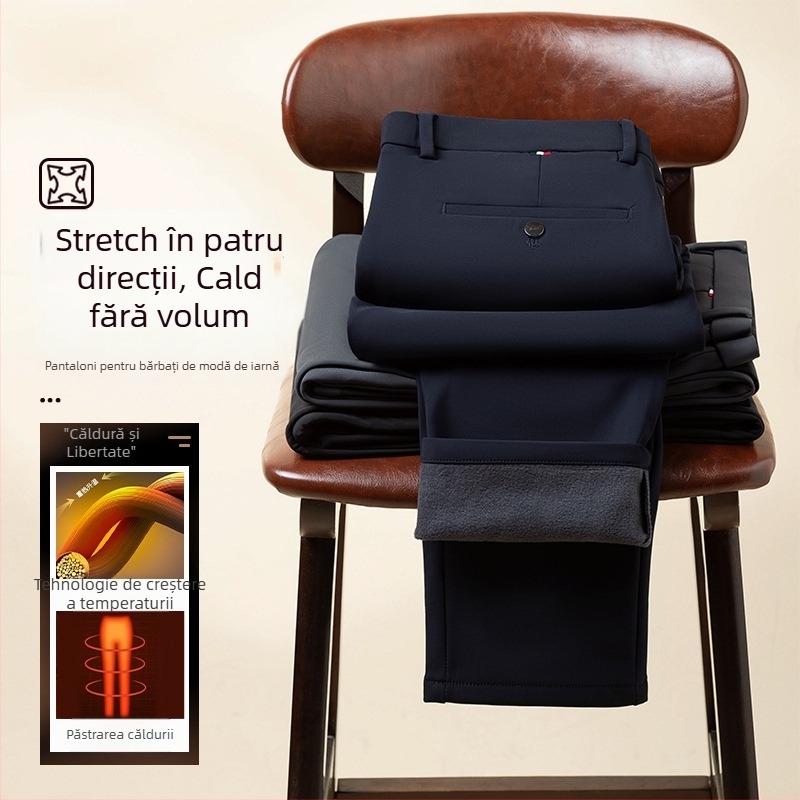 Pantaloni bărbătești cu fleece pentru iarnă, croială dreptă, material elastic, talie medie
