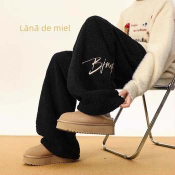 Pantaloni pentru bărbați, stil coreean, velur de miel brodat, drepti, talie înaltă, microelasticitate, model cu litere