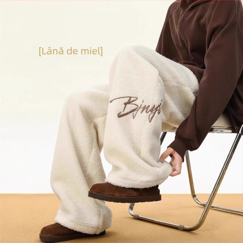 Pantaloni pentru bărbați, stil coreean, velur de miel brodat, drepti, talie înaltă, microelasticitate, model cu litere