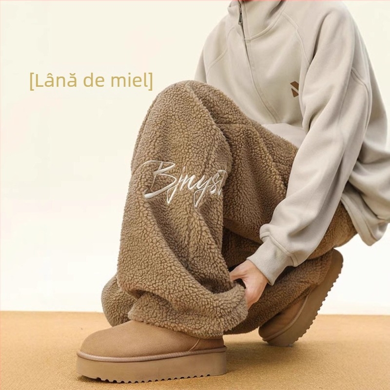 Pantaloni pentru bărbați, stil coreean, velur de miel brodat, drepti, talie înaltă, microelasticitate, model cu litere