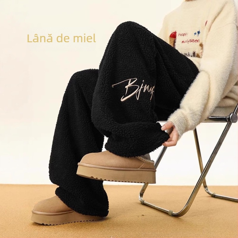 Pantaloni pentru bărbați, stil coreean, velur de miel brodat, drepti, talie înaltă, microelasticitate, model cu litere