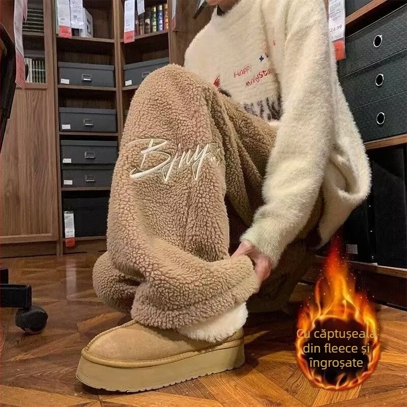 Pantaloni pentru bărbați, stil coreean, velur de miel brodat, drepti, talie înaltă, microelasticitate, model cu litere