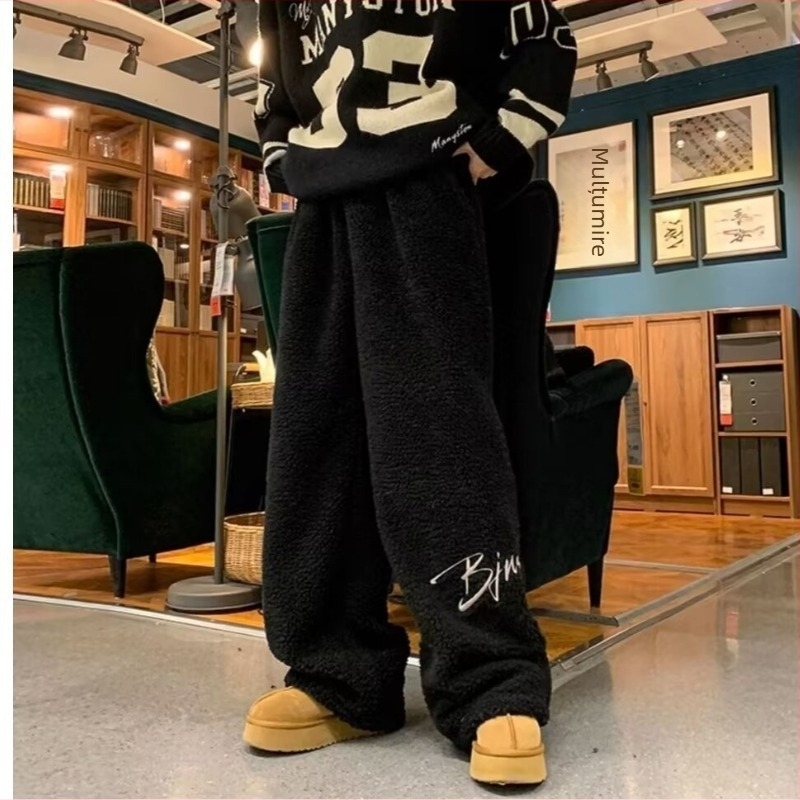 Pantaloni pentru bărbați, stil coreean, velur de miel brodat, drepti, talie înaltă, microelasticitate, model cu litere