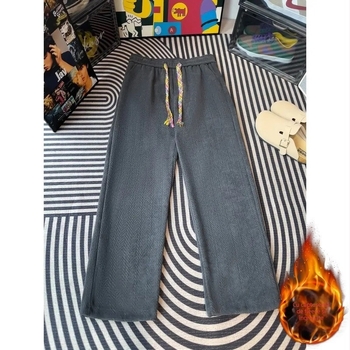 Pantaloni sport bărbați cu căptușeală de fleece, croială dreaptă, cu curea, stil Hong Kong