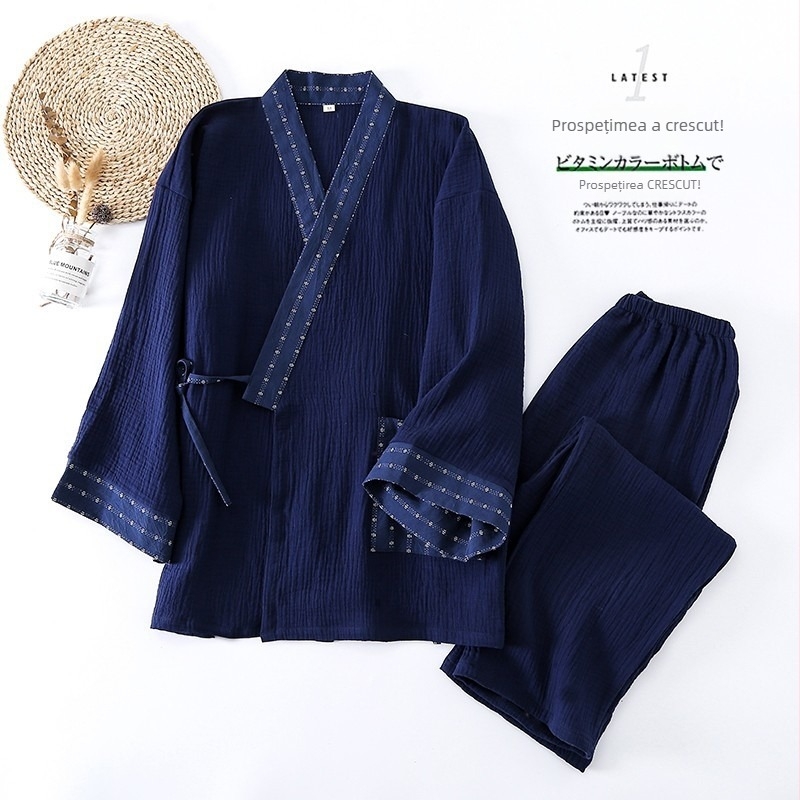 Set de pijamale masculin, stil japonez, din 100% bumbac, pantaloni lungi, decolteu în V, mâneci 9/10