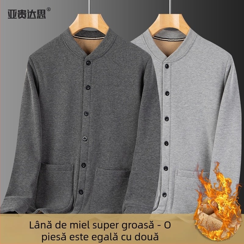Cardigan căptușit cu fleece pentru toamnă–iarna, ținută de casă caldă pentru bărbați de vârstă mijlocie și vârstnici
