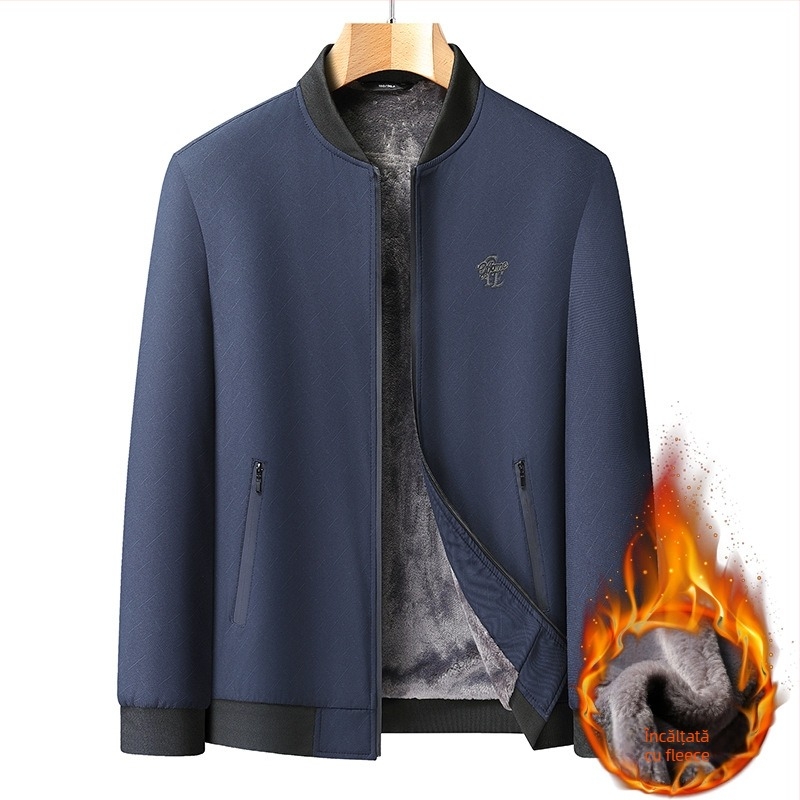Geacă de iarnă pentru bărbați, guler în V, căptușeală de fleece, buzunare cu fermoar, fermoar frontal, 100% poliester