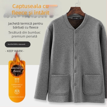 Cardigan masculin căptușit cu fleece pentru iarnă, decolteu în V, mâneci lungi, închidere frontală cu nasturi simple, buzunare aplicate tridimensionale
