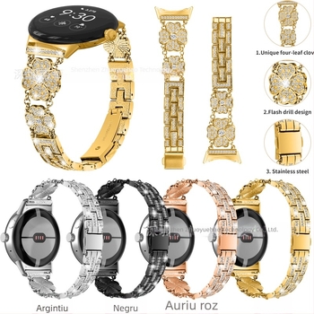 Brățară metalică pentru Google Pixel Watch, cu accent patru foi de trifoi cu diamante, lățime 20 mm, greutate 65 g, lansare în 2025, stil fashion