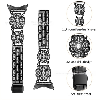 Brățară metalică pentru Google Pixel Watch, cu accent patru foi de trifoi cu diamante, lățime 20 mm, greutate 65 g, lansare în 2025, stil fashion