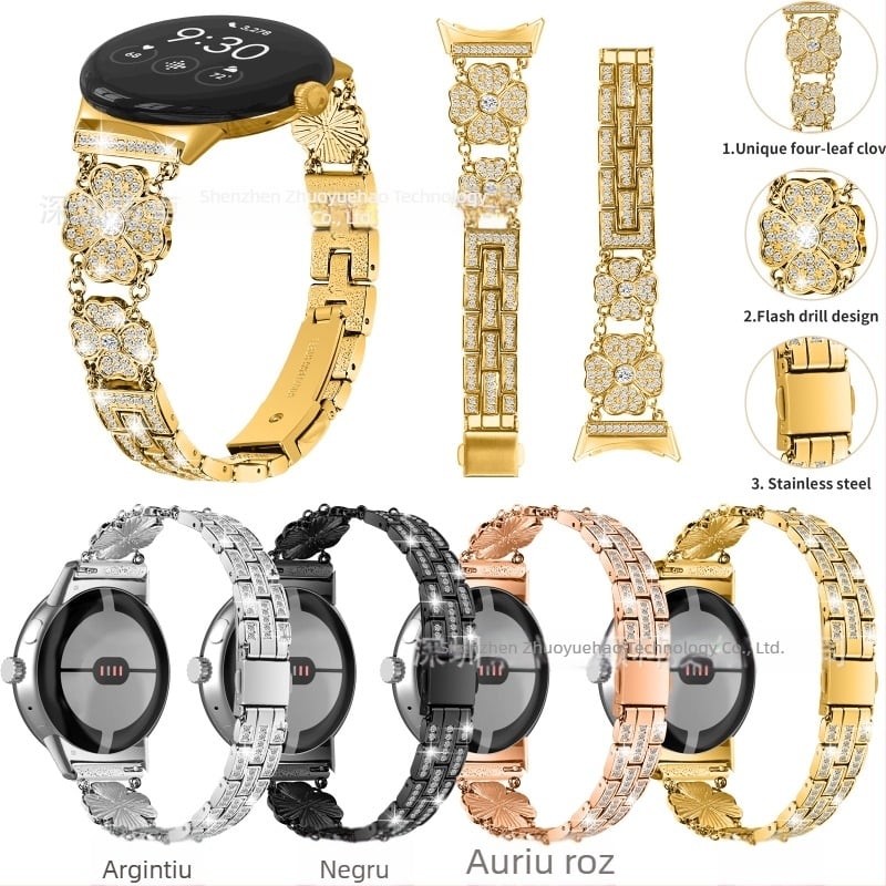 Brățară metalică pentru Google Pixel Watch, cu accent patru foi de trifoi cu diamante, lățime 20 mm, greutate 65 g, lansare în 2025, stil fashion