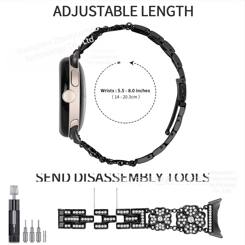 Brățară metalică pentru Google Pixel Watch, cu accent patru foi de trifoi cu diamante, lățime 20 mm, greutate 65 g, lansare în 2025, stil fashion
