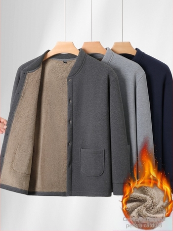 Cardigan din bumbac cu căptușeală fleece, guler înalt, mâneci lungi, închidere cu nasturi pe un rând