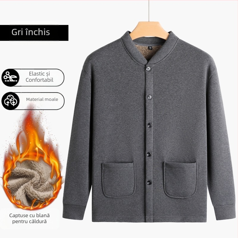 Cardigan din bumbac cu căptușeală fleece, guler înalt, mâneci lungi, închidere cu nasturi pe un rând