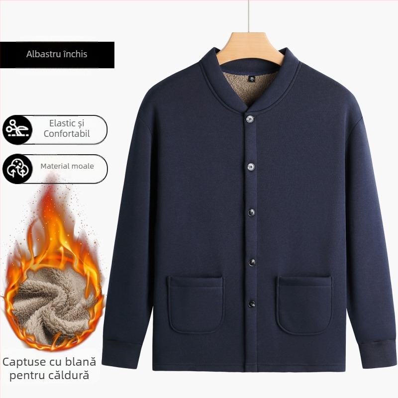 Cardigan din bumbac cu căptușeală fleece, guler înalt, mâneci lungi, închidere cu nasturi pe un rând