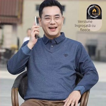 Pulover bărbătesc de iarnă cu căptușeală fleece, croială normală, mâneci lungi, guler rotund cu nasturi pe un rând, 100% poliester.