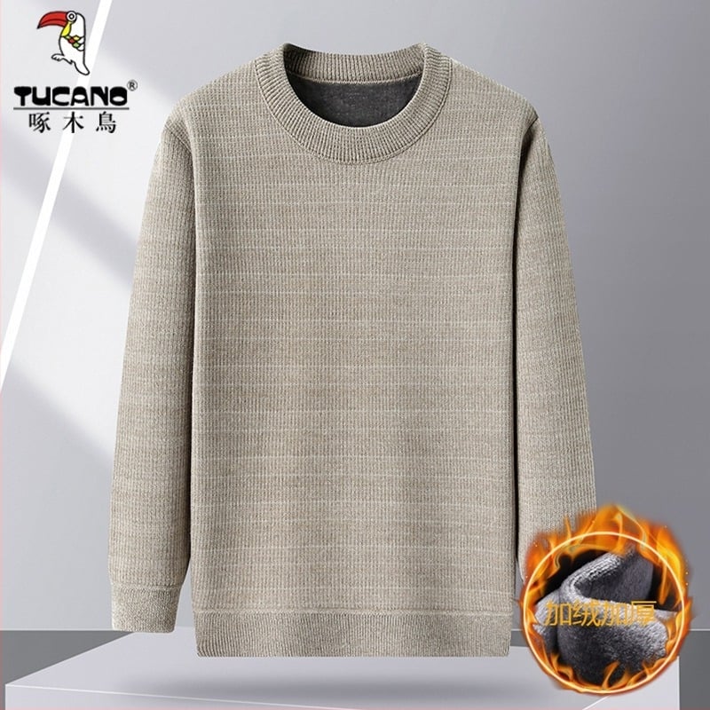 Bluza tricotată de iarnă pentru bărbați, cu căptușeală de fleece, gros, pentru purtare ca îmbrăcăminte de interior, mâneci lungi, guler rotund, pentru bărbați de vârstă mijlocie și în vârstă