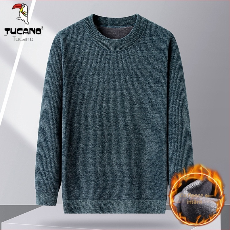 Bluza tricotată de iarnă pentru bărbați, cu căptușeală de fleece, gros, pentru purtare ca îmbrăcăminte de interior, mâneci lungi, guler rotund, pentru bărbați de vârstă mijlocie și în vârstă