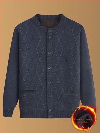 Geacă tricotată de exterior pentru iarnă, căptușită cu fleece, guler rotund, croială lejeră, buzunare cu patch