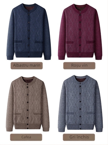 Geacă tricotată de exterior pentru iarnă, căptușită cu fleece, guler rotund, croială lejeră, buzunare cu patch