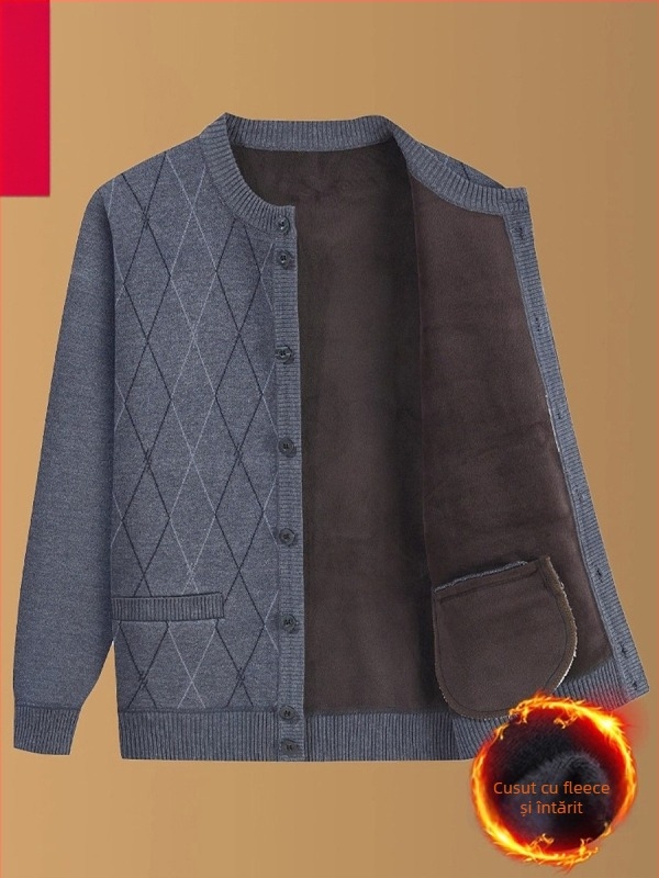 Geacă tricotată de exterior pentru iarnă, căptușită cu fleece, guler rotund, croială lejeră, buzunare cu patch