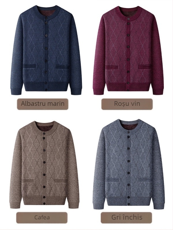 Geacă tricotată de exterior pentru iarnă, căptușită cu fleece, guler rotund, croială lejeră, buzunare cu patch