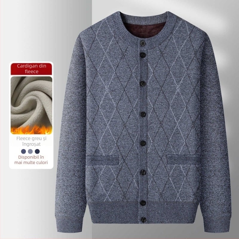 Geacă tricotată de exterior pentru iarnă, căptușită cu fleece, guler rotund, croială lejeră, buzunare cu patch