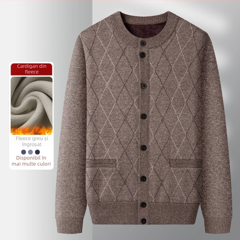 Geacă tricotată de exterior pentru iarnă, căptușită cu fleece, guler rotund, croială lejeră, buzunare cu patch