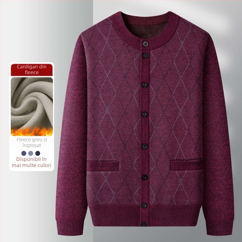 Geacă tricotată de exterior pentru iarnă, căptușită cu fleece, guler rotund, croială lejeră, buzunare cu patch