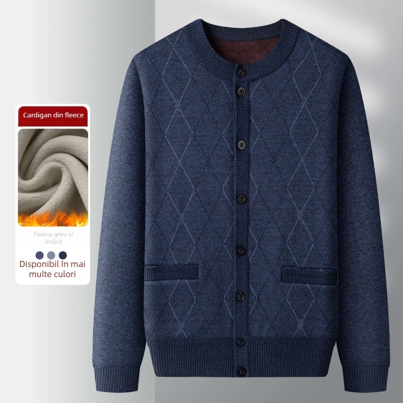 Geacă tricotată de exterior pentru iarnă, căptușită cu fleece, guler rotund, croială lejeră, buzunare cu patch