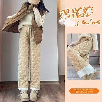 Pantaloni pufoși într-țesături pentru femei iarnă – drepti, talie înaltă, umplere Nylon 70-80%, țesătură Chenille cu 90-95% conținut principal, elastan