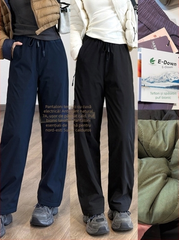 Pantaloni de femei din bumbac — talie înaltă, croială dreaptă lejeră, foarte groși termici, material exterior poliester cu umplutură de bumbac, iarna 2025