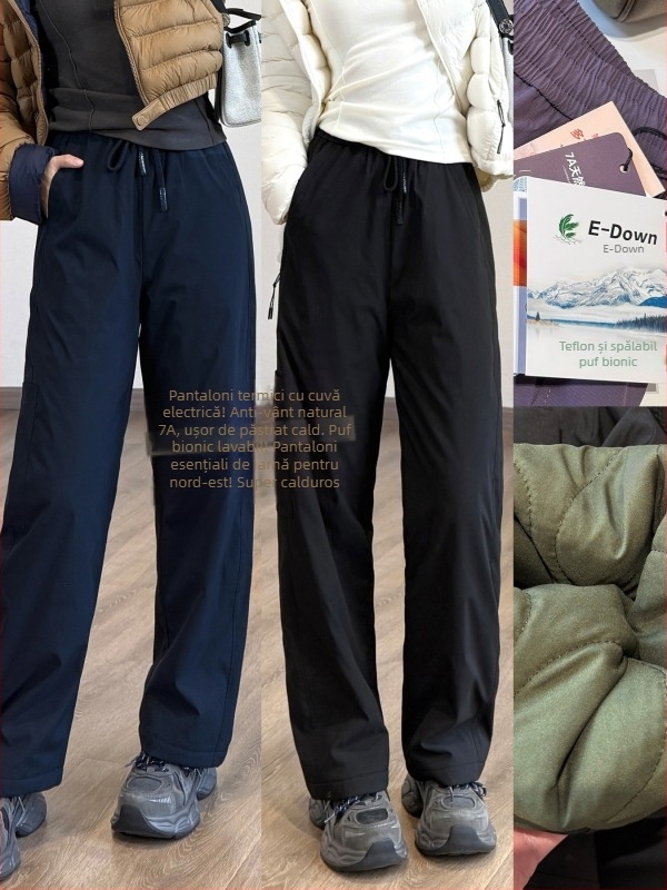 Pantaloni de femei din bumbac — talie înaltă, croială dreaptă lejeră, foarte groși termici, material exterior poliester cu umplutură de bumbac, iarna 2025