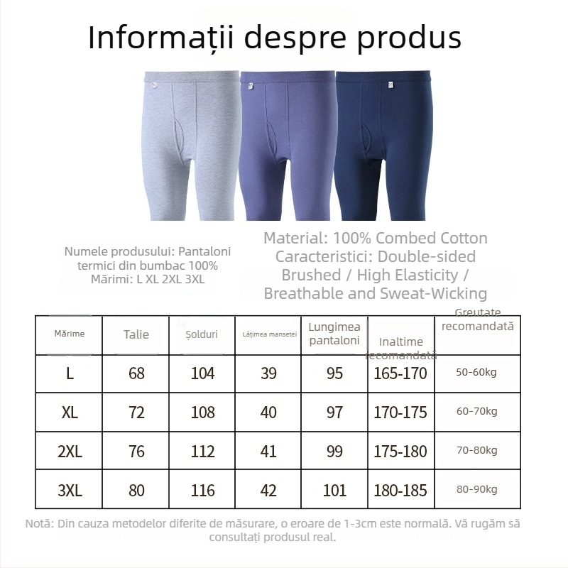 Pantaloni termici pentru bărbați din bumbac 100%, talie înaltă, lungime 9/10, respirabili, țin cald