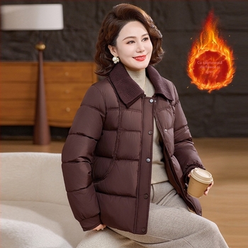 Palton de iarnă femei poliester cu căptușeală de fleece, gros și cald, pentru femei 40–60 ani, cu rever și fermoar, culoare solidă, lungime 50–65 cm.