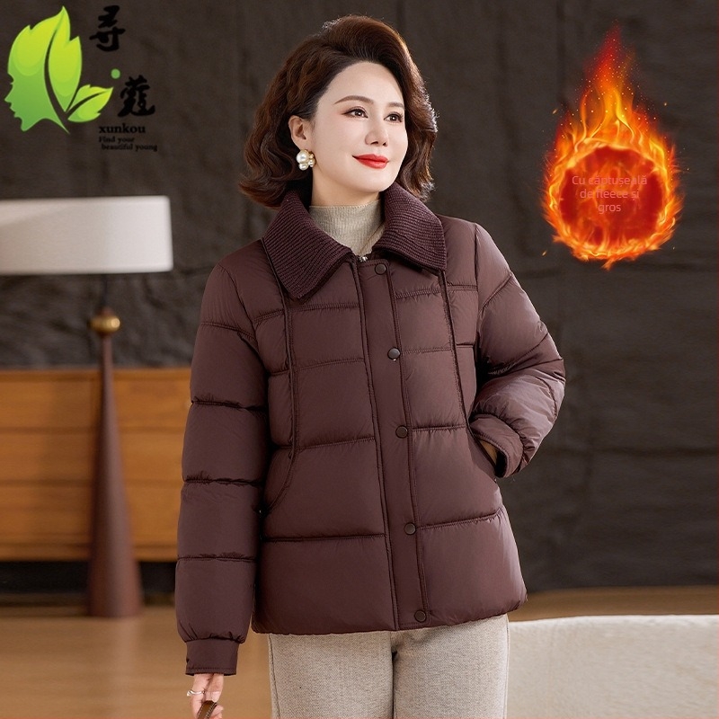 Palton de iarnă femei poliester cu căptușeală de fleece, gros și cald, pentru femei 40–60 ani, cu rever și fermoar, culoare solidă, lungime 50–65 cm.