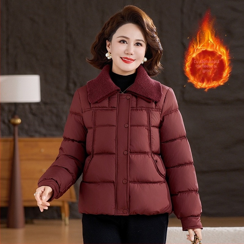 Palton de iarnă femei poliester cu căptușeală de fleece, gros și cald, pentru femei 40–60 ani, cu rever și fermoar, culoare solidă, lungime 50–65 cm.