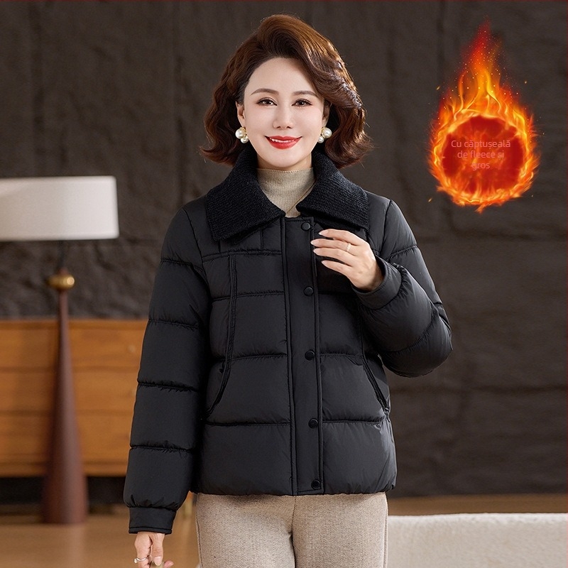Palton de iarnă femei poliester cu căptușeală de fleece, gros și cald, pentru femei 40–60 ani, cu rever și fermoar, culoare solidă, lungime 50–65 cm.