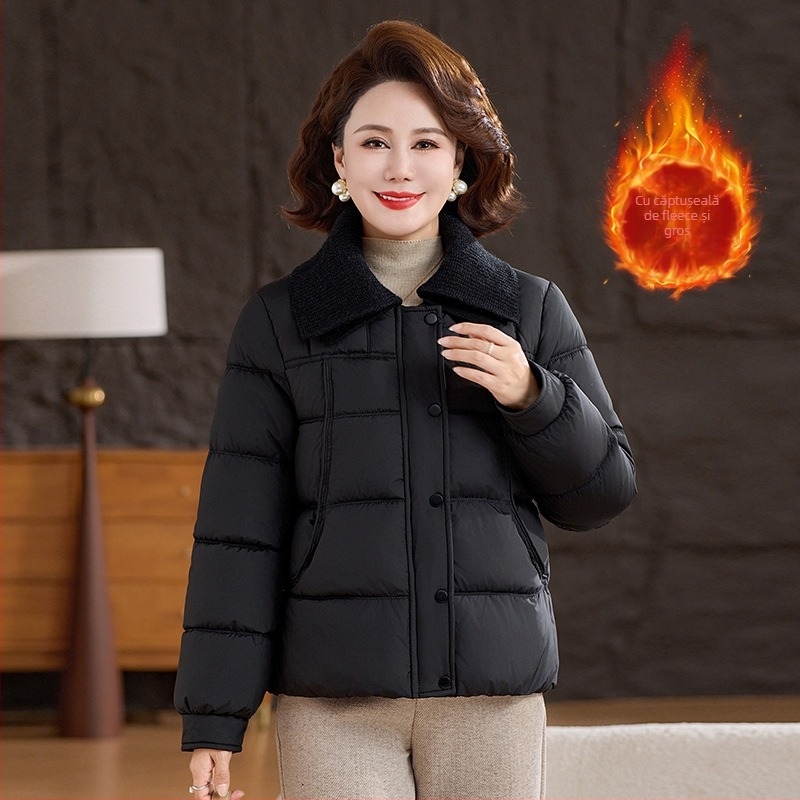 Palton de iarnă femei poliester cu căptușeală de fleece, gros și cald, pentru femei 40–60 ani, cu rever și fermoar, culoare solidă, lungime 50–65 cm.