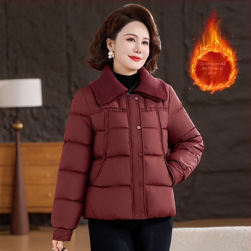 Palton de iarnă femei poliester cu căptușeală de fleece, gros și cald, pentru femei 40–60 ani, cu rever și fermoar, culoare solidă, lungime 50–65 cm.