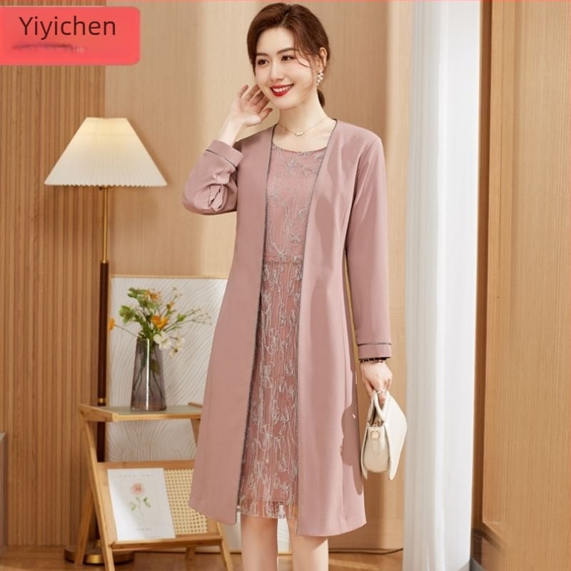 Rochie elegantă de maternitate cu broderie, iluzie de două părți, lungime midi, poliester peste 95%, primăvara 2025