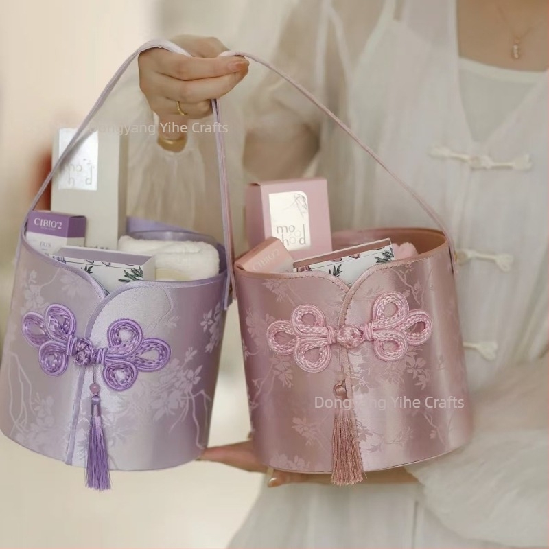 Cutie cadou de nuntă rotundă, din țesătură brocart, stil Cheongsam, pentru aranjamente florale și cadouri pentru domnișoarele de onoare