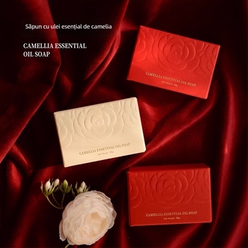 Săpun cu floare de camelia, ambalat în cutie; potrivit pentru cadouri; pentru nunți; posibilitate etichetă privată