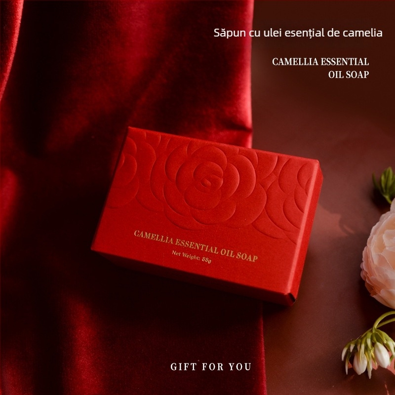 Săpun cu floare de camelia, ambalat în cutie; potrivit pentru cadouri; pentru nunți; posibilitate etichetă privată