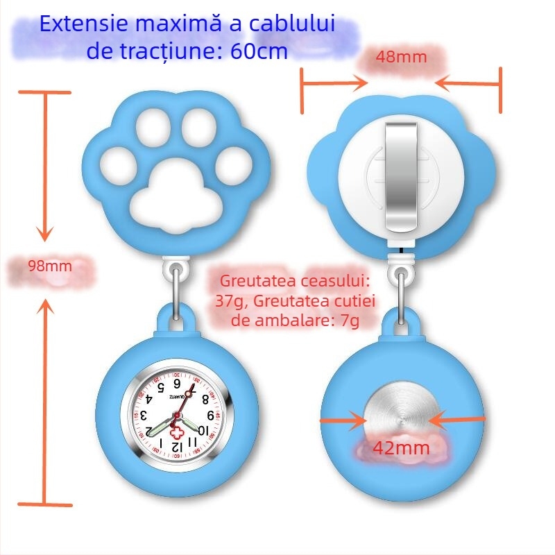 Ceas pentru asistenți cu design de labă de pisică; procesare personalizabilă și logo imprimat; mișcare quartz, carcasă din aliaj de zinc, cadran rotund