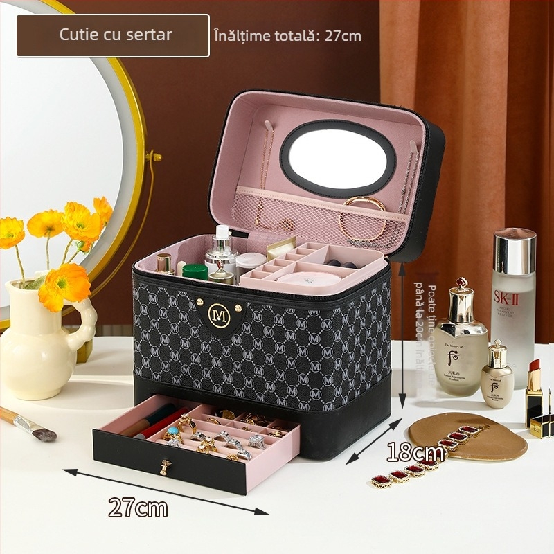 Organizator cosmetic pentru femei, piele PU, căptușeală nylon, stil cutie, model solid, multifuncțional