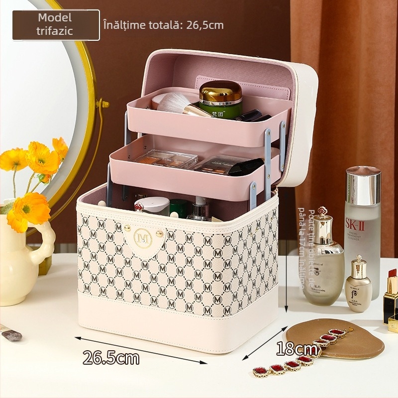 Organizator cosmetic pentru femei, piele PU, căptușeală nylon, stil cutie, model solid, multifuncțional